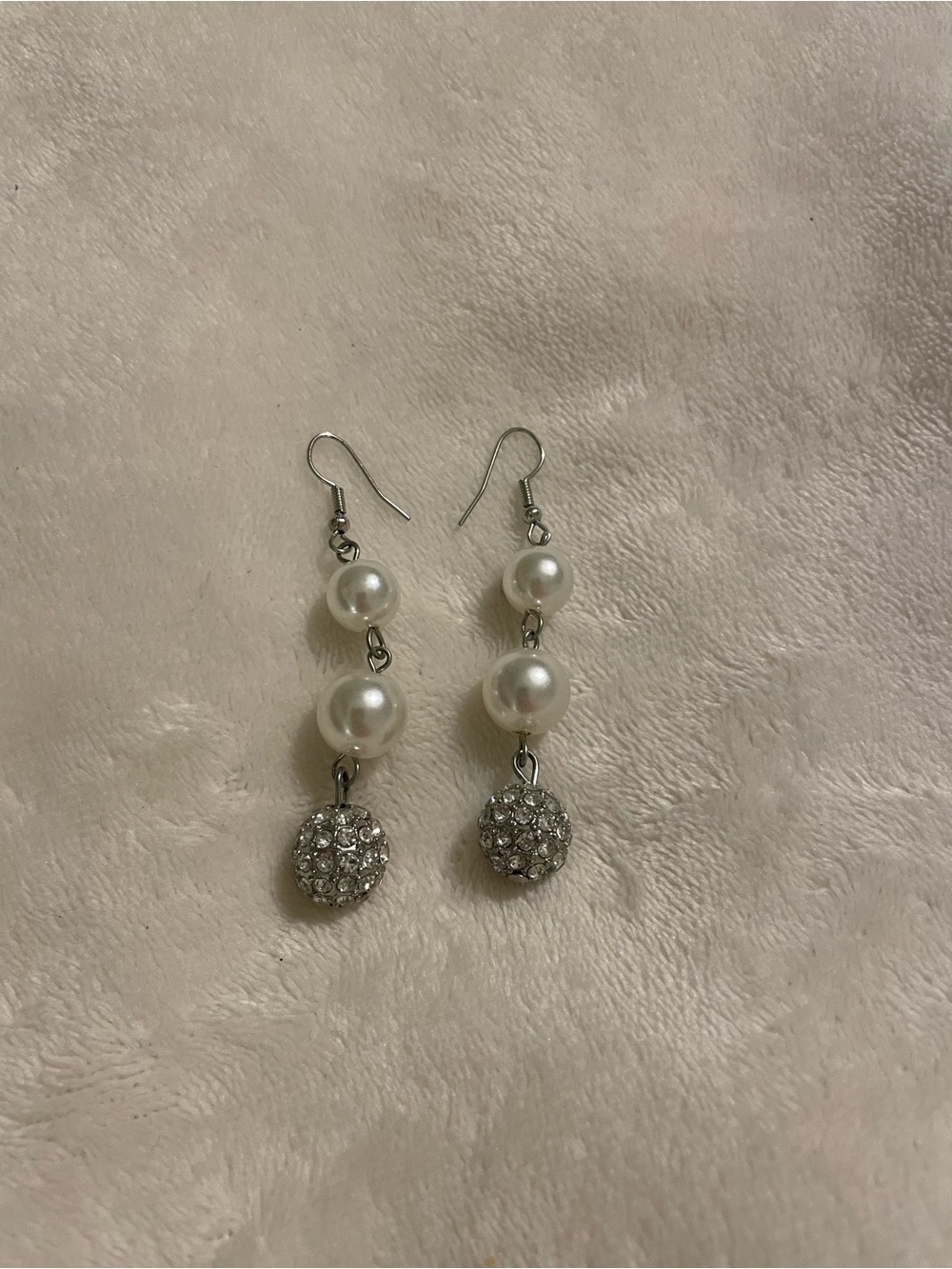 Elegant Pearl Drop Earrings with Crystal Ball Accent - White